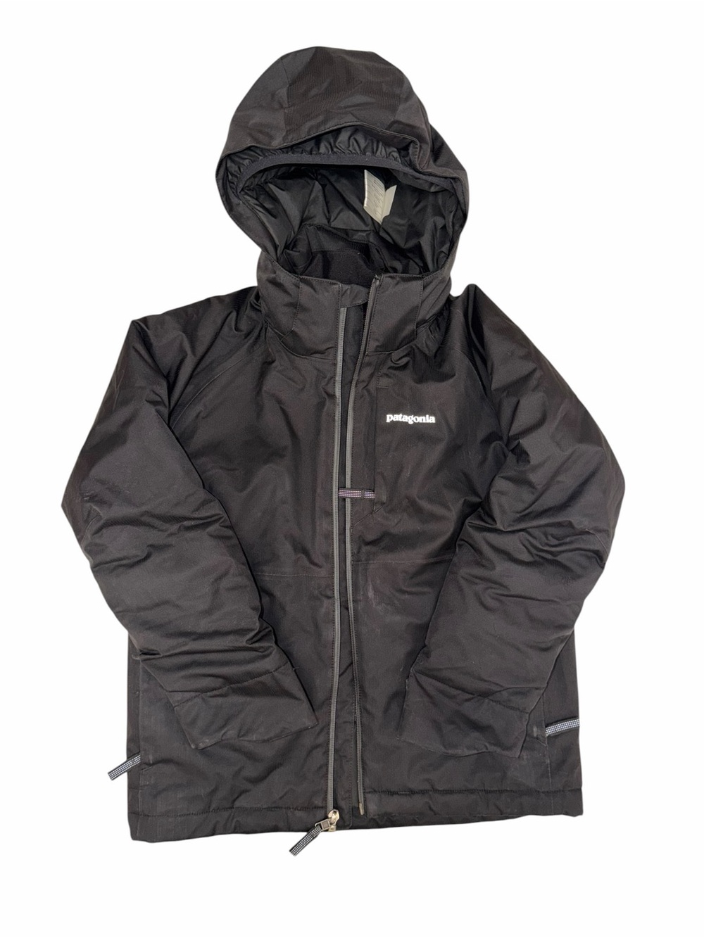 Patagonia Kids SnowShot Black Insulated Winter Ski Jacket, size small 7/8